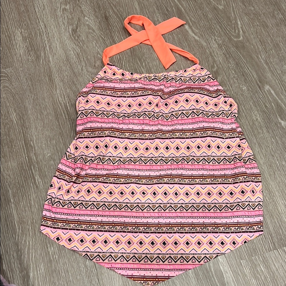 Pink geometric halter swim top